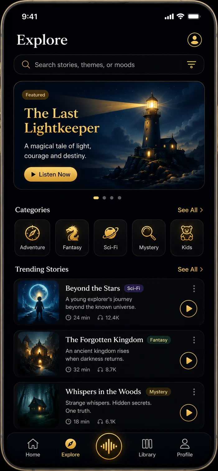 Narrate app Explore screen showing a search bar, story categories, and a list of trending AI-narrated stories.