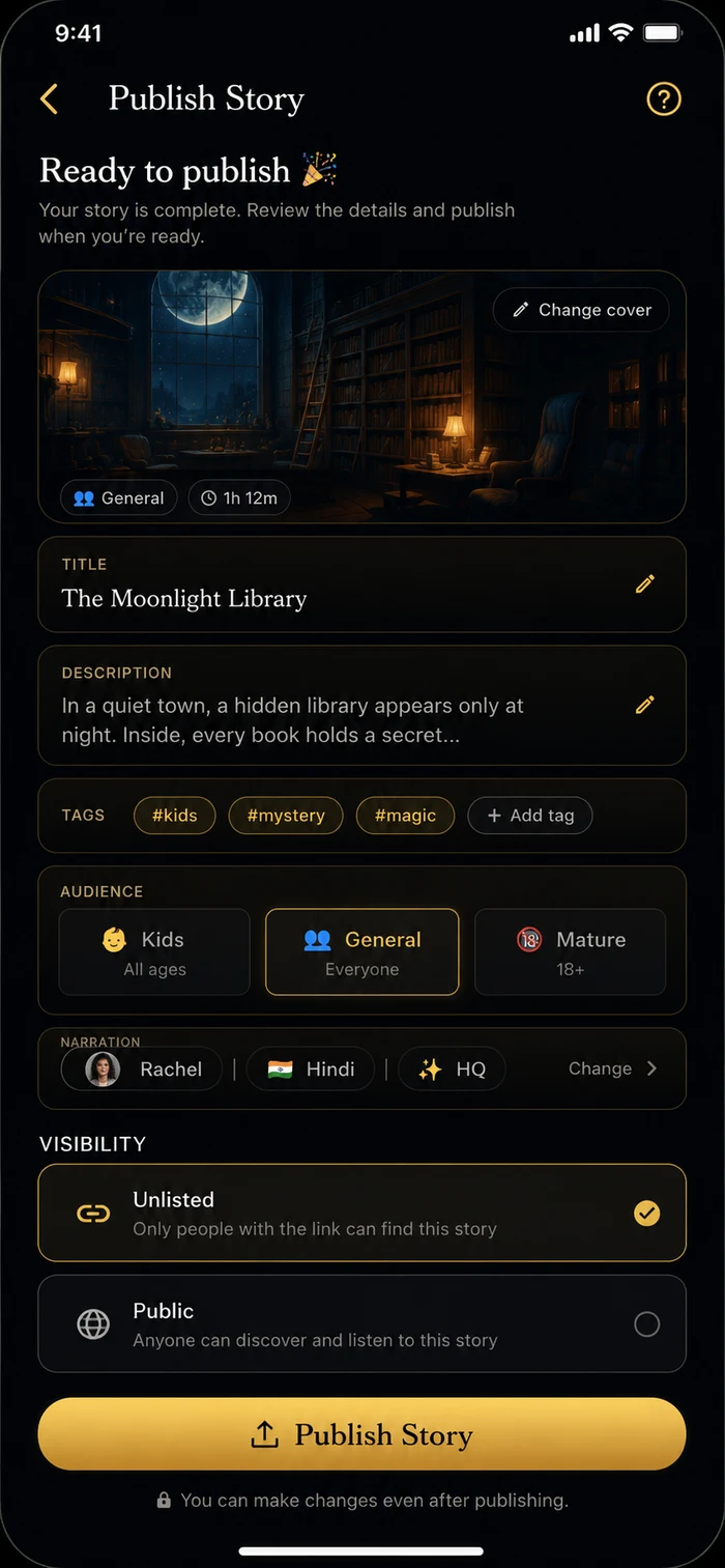 Narrate app Publish Story screen showing story details, tags, audience settings, and visibility options.